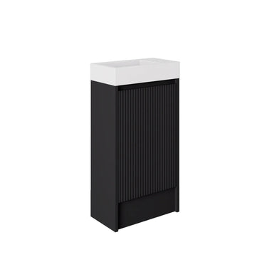 Matte black fluted 450mm freestanding vanity with kickboard and matte white solid surface top, front view