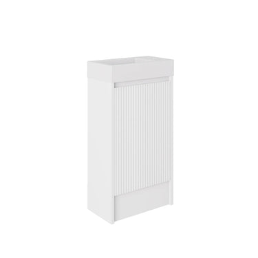 Matte white fluted 450mm freestanding vanity with kickboard and matte white solid surface top, front view