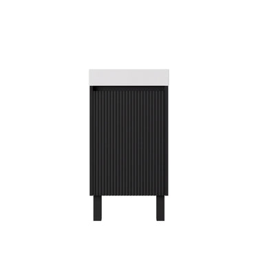Matte black fluted 450mm freestanding vanity on legs with matte white solid surface top, front view