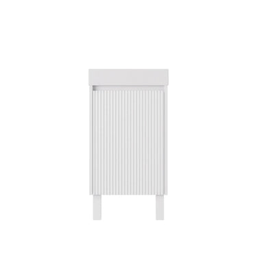 Matte white fluted 450mm freestanding vanity on legs with matte white solid surface top, front view