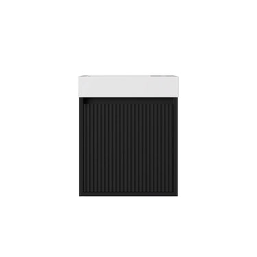 Matte black fluted 450mm slimline wall hung vanity with matte white solid surface top, front view