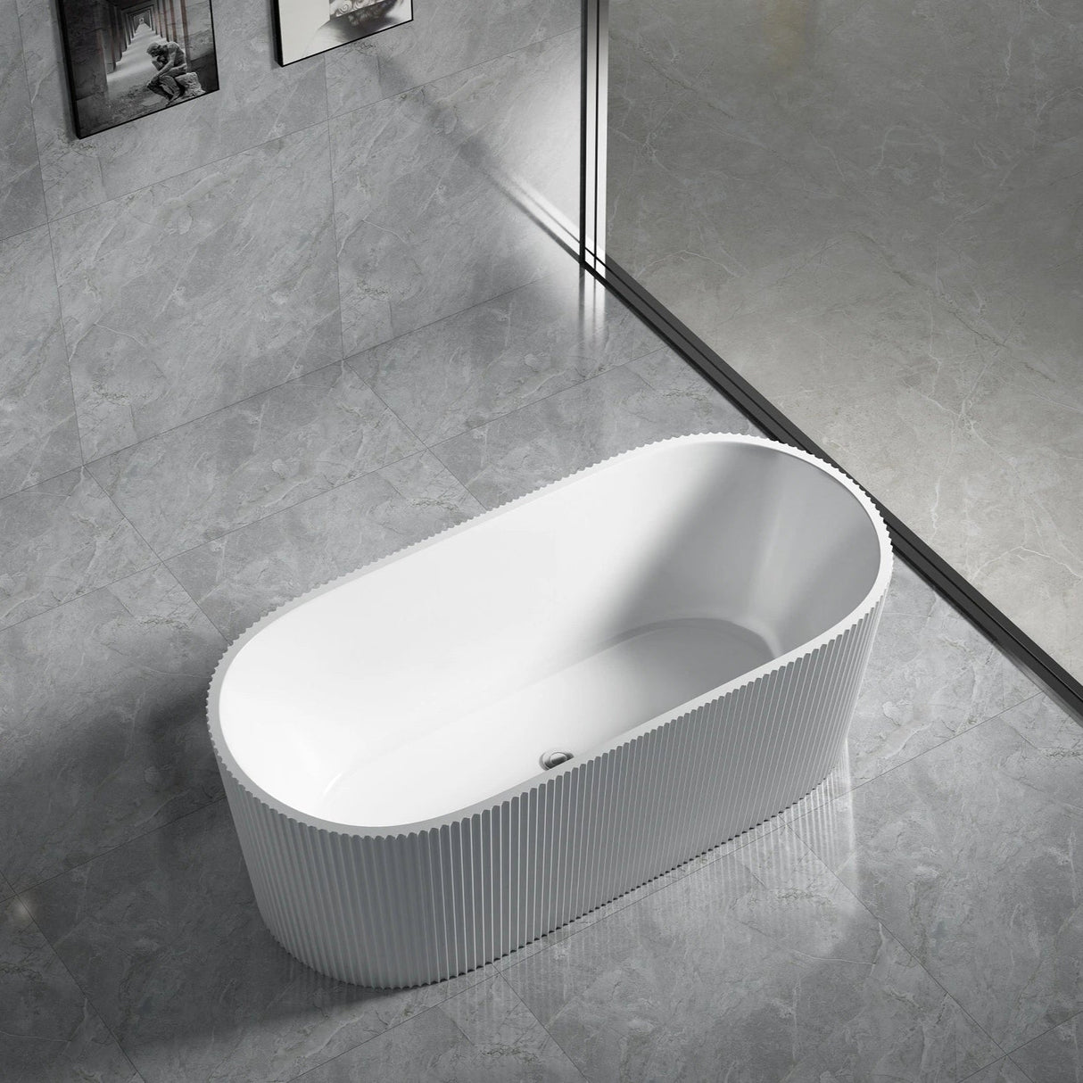 Fluted Agena Oval Round Freestanding Bathtub 1500 Gloss White - RJ Bathroom