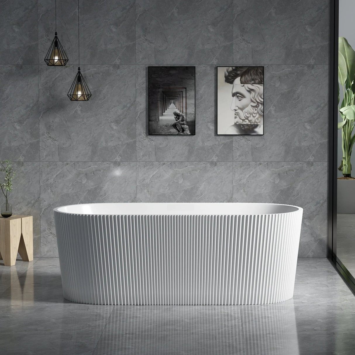 Fluted Agena Oval Round Freestanding Bathtub 1500 Gloss White - RJ Bathroom