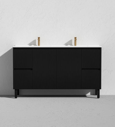 Fluted Freestanding Vanity Brighton 1500mm Double Bowl Matte Black PVC Waterproof Carrara Dimond Sintered Top 50mm - RJ Bathroom