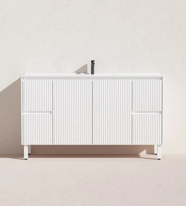 Fluted Freestanding Vanity Brighton 1500mm Single Bowl Matte White PVC Waterproof Carrara Dimond Sintered Top 50mm - RJ Bathroom