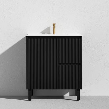 Fluted Freestanding Vanity Brighton 750mm Matte Black PVC Waterproof Carrara Dimond Sintered Top 50mm - RJ Bathroom