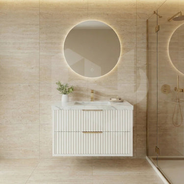 Fluted Wall Hung Vanity Rome Curve 900mm Two Drawers Waterproof Matte White Stone top - RJ Bathroom