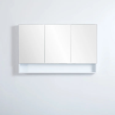 Fremantle 1200mm matte white mirror shaving cabinet with shelf, three mirrored doors closed - RJ Bathroom