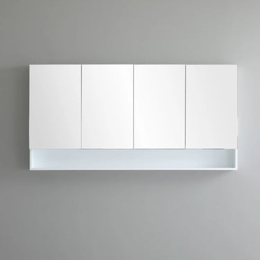 Fremantle 1500mm matte white mirror shaving cabinet with shelf, four mirrored doors closed - RJ Bathroom