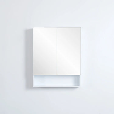 Fremantle 600mm matte white mirror shaving cabinet with shelf, two mirrored doors closed - RJ Bathroom