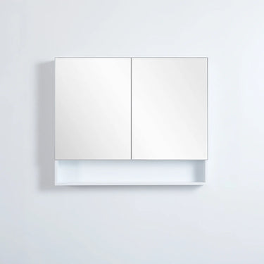 Fremantle 900mm matte white mirror shaving cabinet with shelf, two mirrored doors closed - RJ Bathroom
