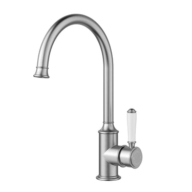 Ikon Clasico Hampton Brushed Nickel Gooseneck Sink Mixer - Ceramic Handle