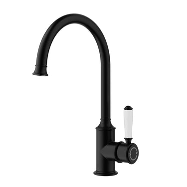 Ikon Clasico Hampton Matte Black Gooseneck Sink Mixer - Ceramic Handle