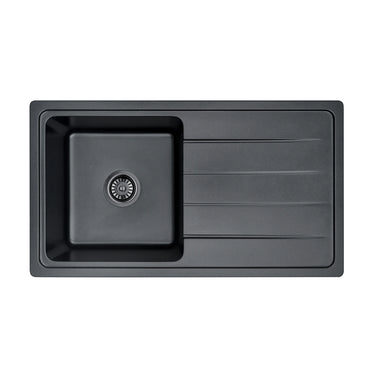Gabrio 864x484mm Matte Black single bowl granite sink with drainer