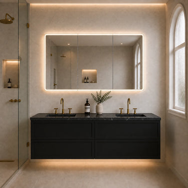 Matte Black Hampton shaker wall hung vanity, Hamilton 1200mm single bowl, styled bathroom