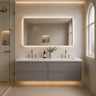 Hamilton 1200mm double bowl wall hung vanity in matte grey, bathroom render with mirror cabinet