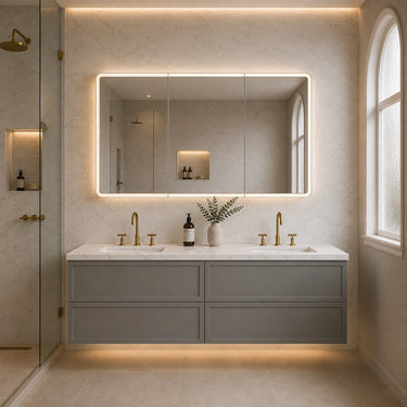 Hamilton 1200mm double bowl wall hung vanity in matte grey, bathroom render with mirror cabinet