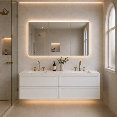 Matte White Hampton shaker wall hung vanity, Hamilton 1200mm double bowl, styled bathroom