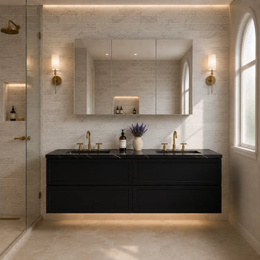 Matte Black Hampton shaker wall hung vanity, Hamilton 1500mm single bowl, styled bathroom