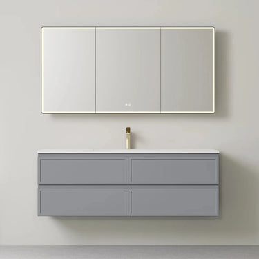 Matte Grey Hampton shaker wall hung vanity, Hamilton 1500mm single bowl, styled bathroom