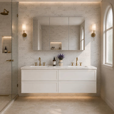 Matte White Hampton shaker wall hung vanity, Hamilton 1500mm double bowl, styled bathroom