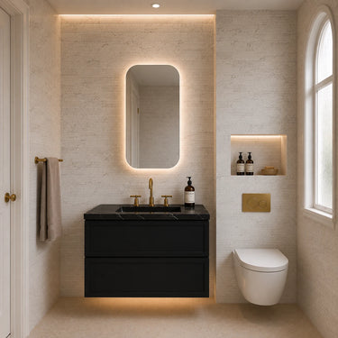 Matte Black Hampton shaker wall hung vanity, Hamilton 900mm, styled bathroom