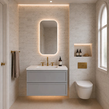 Hamilton 900mm wall hung vanity in matte grey, bathroom render with mirror cabinet