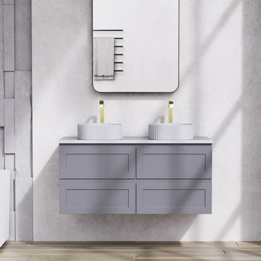 Fremantle 1200mm Double Bowl Matte Grey Hampton Shaker Wall Hung Vanity shaker panel fronts and handle-free finger pull detail - RJ Bathroom