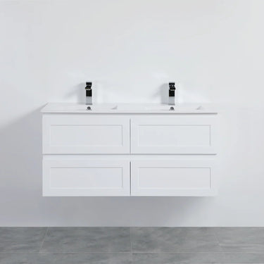 Fremantle 1200mm Double Bowl Matte White Hampton Shaker Wall Hung Vanity installed in a modern bathroom - RJ Bathroom