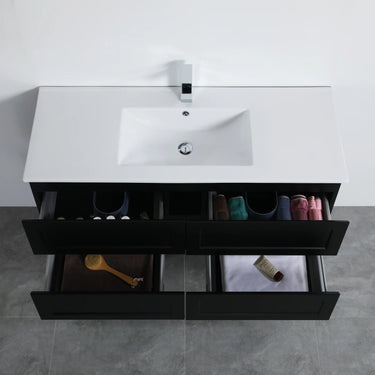 Fremantle 1200mm Single Bowl Matte Black Hampton Shaker Wall Hung Vanity with drawers open showing storage space - RJ Bathroom