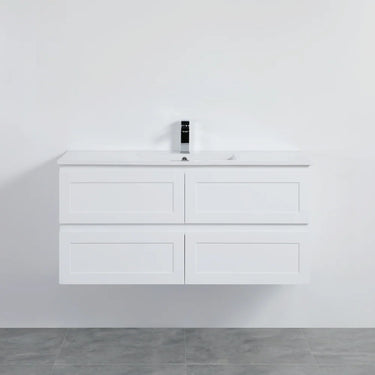 Fremantle 1200mm Single Bowl Matte White Hampton Shaker Wall Hung Vanity installed in a modern bathroom - RJ Bathroom