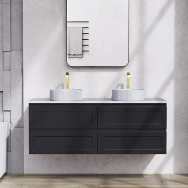 Fremantle 1500mm Double Bowl Matte Black Hampton Shaker Wall Hung Vanity shaker panel fronts and handle-free finger pull detail - RJ Bathroom
