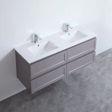 Fremantle 1500mm Double Bowl Matte Grey Hampton Shaker Wall Hung Vanity installed in a modern bathroom - RJ Bathroom