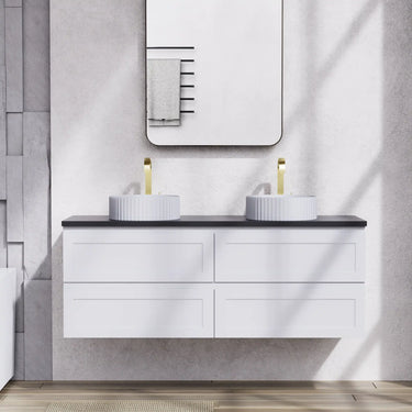 Fremantle 1500mm Double Bowl Matte White Hampton Shaker Wall Hung Vanity shaker panel fronts and handle-free finger pull detail - RJ Bathroom