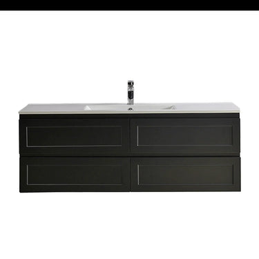 Fremantle 1500mm Single Bowl Matte Black Hampton Shaker Wall Hung Vanity front view with 4 soft-close drawers (single bowl) - RJ Bathroom