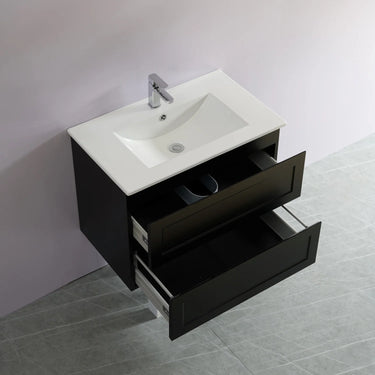 Fremantle 750mm Matte Black Hampton Shaker Wall Hung Vanity front view with 2 soft-close drawers - RJ Bathroom
