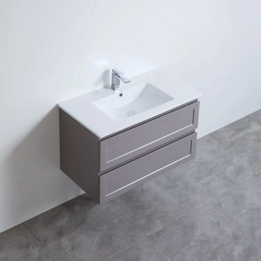 Fremantle 900mm Matte Grey Hampton Shaker Wall Hung Vanity installed in a modern bathroom - RJ Bathroom