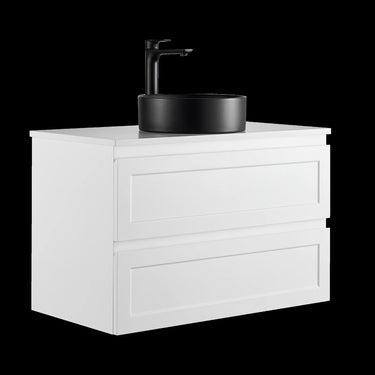 Fremantle 900mm Matte White Hampton Shaker Wall Hung Vanity shaker panel fronts and handle-free finger pull detail - RJ Bathroom