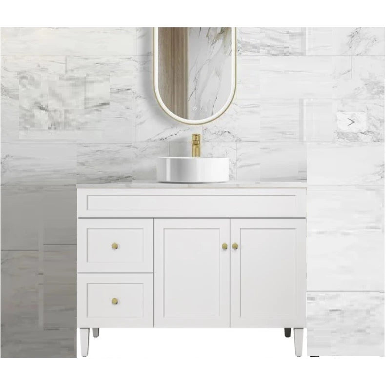 Harrington Hampton Shaker 1200mm Matte White Single Bowl PVC Waterproof Freestanding Vanity Calacatta Stone Top