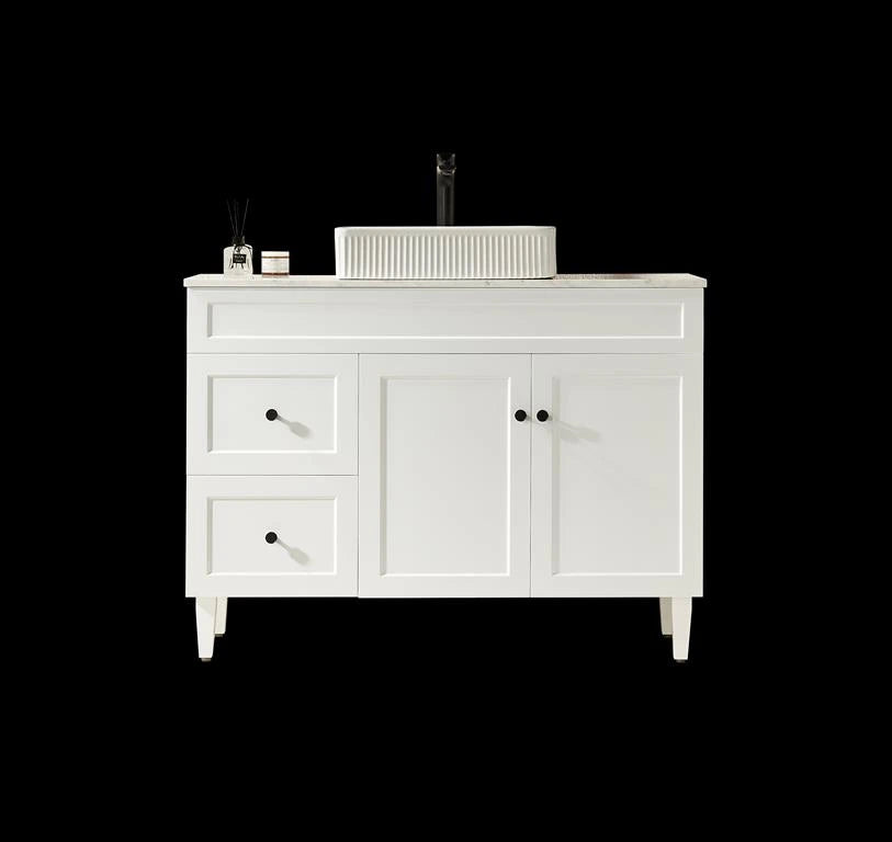 Harrington Hampton Shaker 1200mm Matte White Single Bowl PVC Waterproof Freestanding Vanity Calacatta Stone Top
