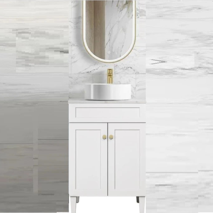 Harrington Hampton Shaker 600mm Matte White PVC Waterproof Freestanding Vanity Carrara Stone Top