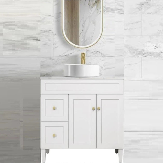 Harrington Hampton Shaker 900mm Matte White PVC Waterproof Freestanding Vanity Calacatta Stone Top