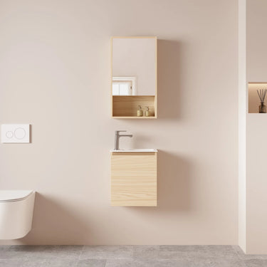 Hera Timber Look Tas Oak 400mm Slimline Ensuite Wall Hung Small Bathroom Vanity with Ceramic Basin - RJ Bathroom