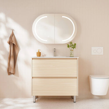Hera Timber Look Tas Oak 900mm Two Drawer Freestanding Vanity - Carrara Stone Top Optional - RJ Bathroom