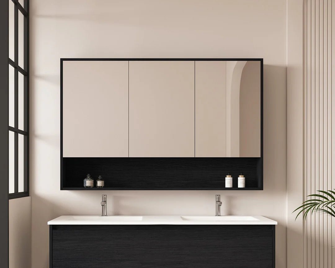Hera Black Oak 1200mm Mirror Shaving Cabinet with Shelf - RJ Bathroom