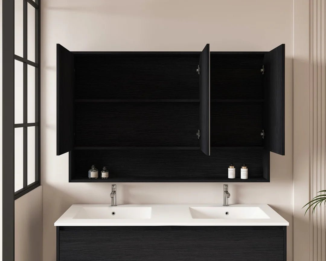 Hera Black Oak 1200mm Mirror Shaving Cabinet with Shelf - RJ Bathroom