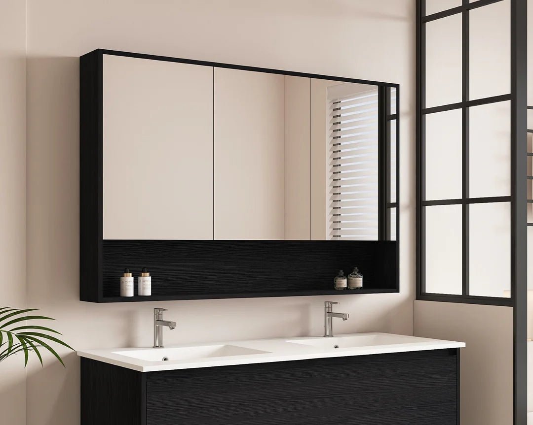 Hera Black Oak 1200mm Mirror Shaving Cabinet with Shelf - RJ Bathroom