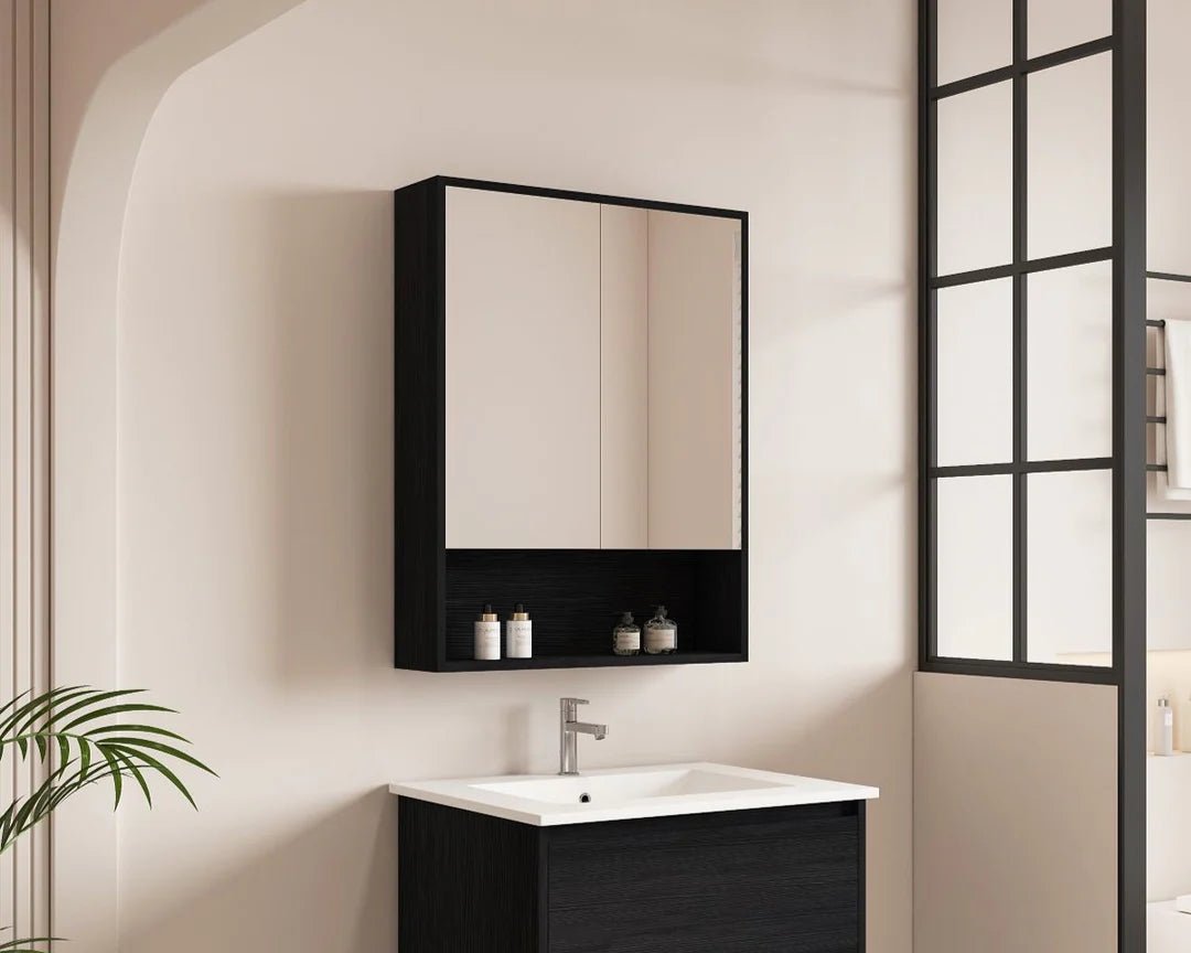 HERA Black Oak 600mm Mirror Shaving Cabinet with Shelf - RJ Bathroom