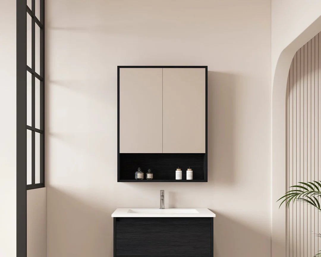 HERA Black Oak 600mm Mirror Shaving Cabinet with Shelf - RJ Bathroom