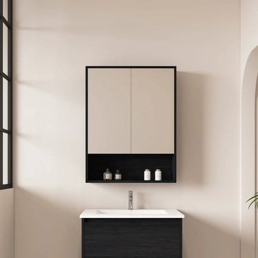 HERA Black Oak 600mm Mirror Shaving Cabinet with Shelf - RJ Bathroom
